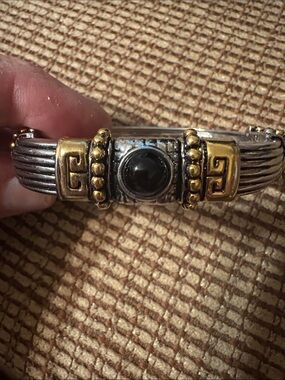 Vintage Egyptian Style Two-Tone Silver & Gold Bracelet with Black Cabochon Stone